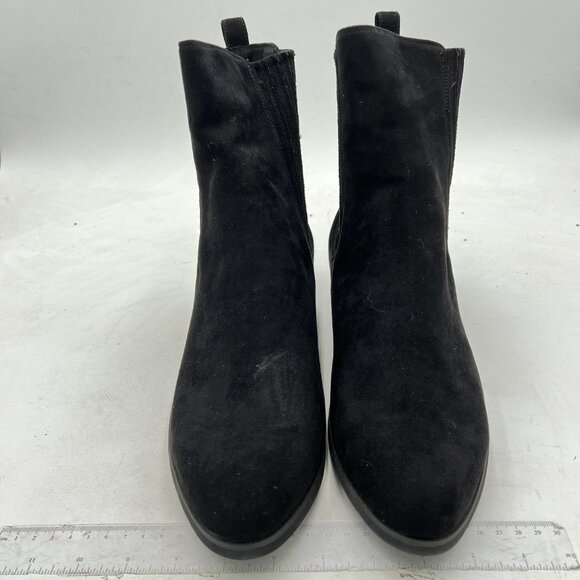 Black Suede Retro Elastic Low Chunky Block Heel Pointed Toe Chelsea Ankle Boots - Picture 2 of 6